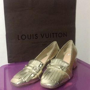 Gold metallic shimmer block heels